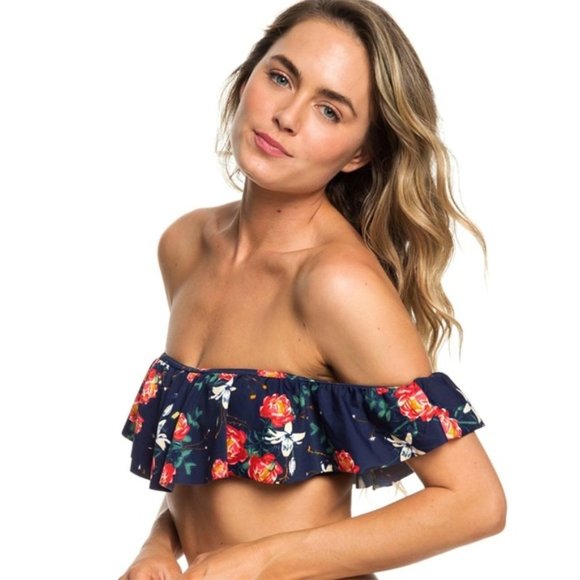 Roxy Floral Off-Shoulder Bikini Top - Navy and Red - Picture 3 of 3